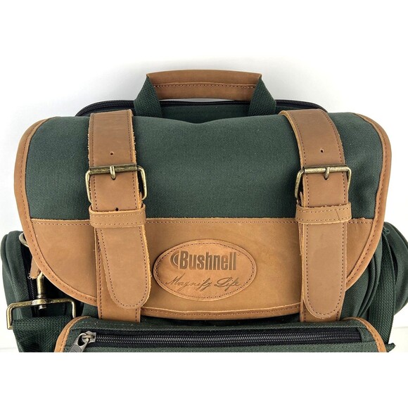 Bushnell Magnify Life Green Brown Leather Backpack Hiking Camping Laptop Bag - Picture 2 of 13